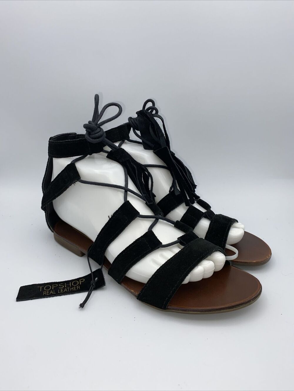 Topshop Womens Suede Leather Tasseled Tie Gladiator Sandal Black Size 37 Us 6